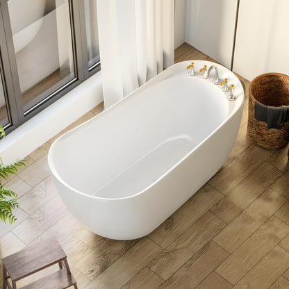 TAISOR Freestanding Bathtub 150 cm – White Glossy Acrylic Soaking Tub with Overflow Drain, Brass Pop-Up Waste & Waste Pipe, 6-Layer Reinforced Standalone Bath Tub