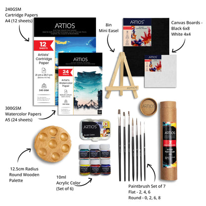 ARTIOS Painting Kit for Artists - 108 Pcs Painting Set for Adults and Kids with Professional Paint Brush Set, Acrylic Paints, Canvas Boards, Easels & Wooden Palette