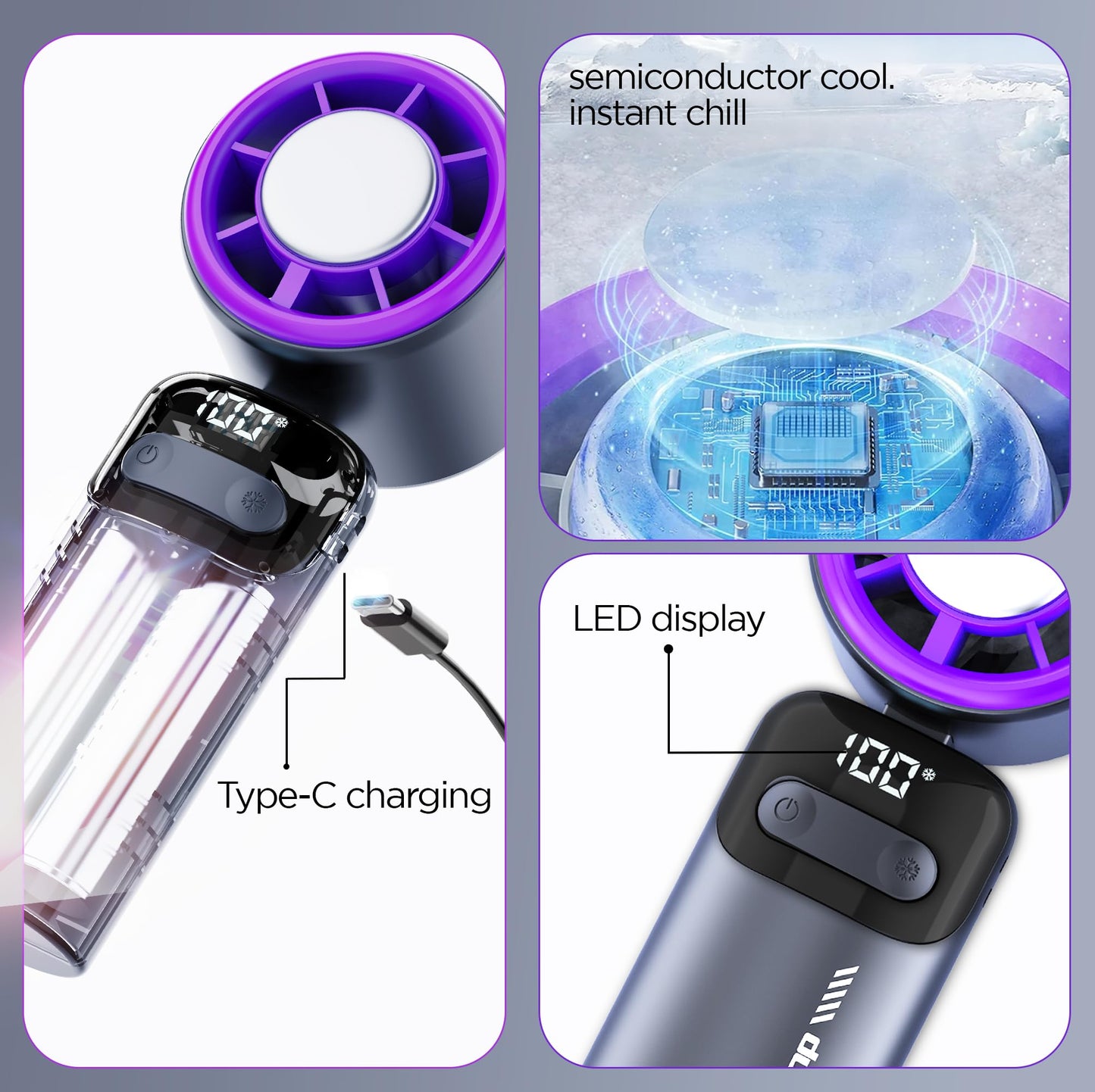 Dubstep Flo-Ice Mini Handheld USB Rechargeable Cooling Fan with Lanyard, LED Digital Display, 5x Speed Mode, 10,000 RPM, Built-in Chiller Tech, Multi-Angle Adjustment, Purple/Black