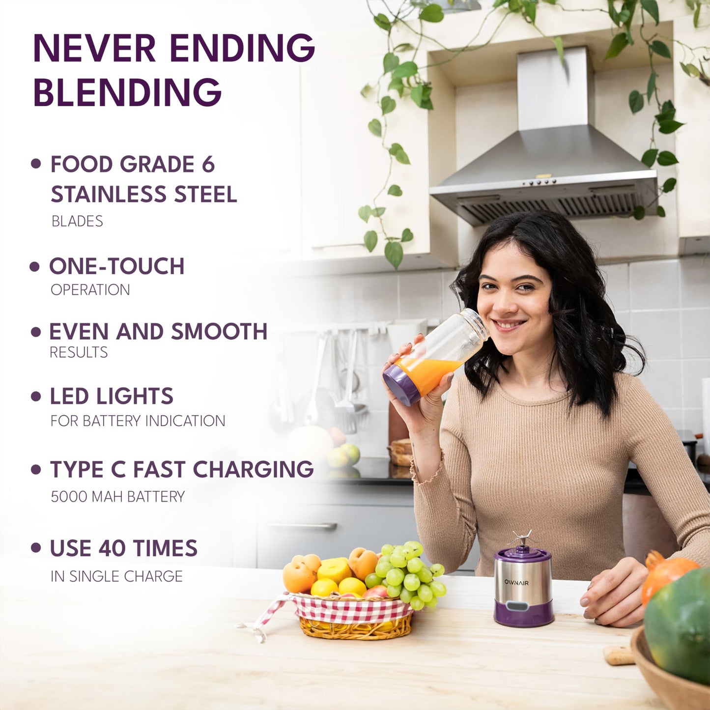 OWNAIR Portable Blender | Smoothie & Juice Maker | 180W Blender Mixer Grinder | 5000mAh Rechargeable Portable Juicer | 450ml High Borosilicate Glass Jar | Baby Food & Smoothie Maker | Grey & Purple