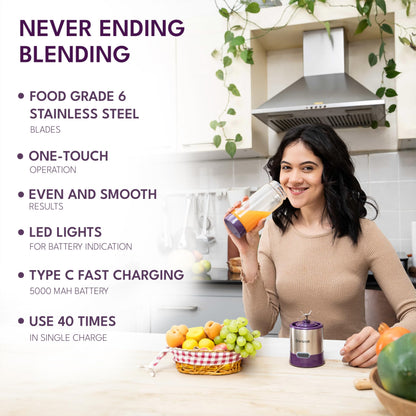 OWNAIR Portable Blender | Smoothie & Juice Maker | 180W Blender Mixer Grinder | 5000mAh Rechargeable Portable Juicer | 450ml High Borosilicate Glass Jar | Baby Food & Smoothie Maker | Grey & Purple