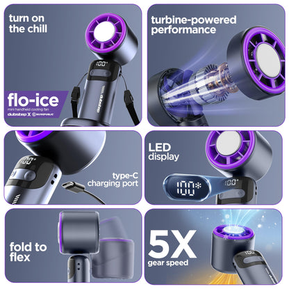 Dubstep Flo-Ice Mini Handheld USB Rechargeable Cooling Fan with Lanyard, LED Digital Display, 5x Speed Mode, 10,000 RPM, Built-in Chiller Tech, Multi-Angle Adjustment, Purple/Black