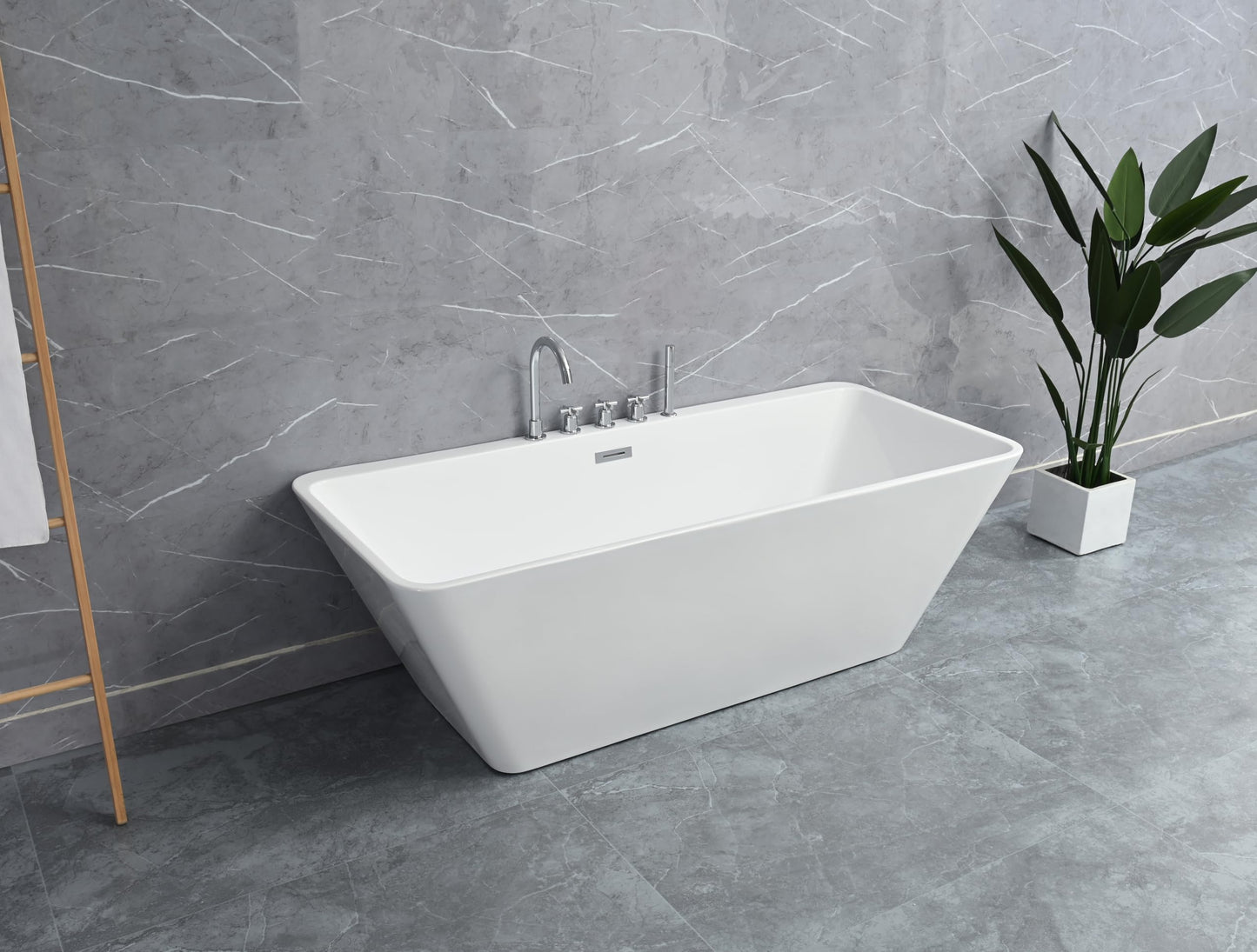 TAISOR Freestanding Bathtub 150 cm – White Glossy Acrylic Soaking Tub with Overflow Drain, Brass Pop-Up Waste & Waste Pipe, 6-Layer Reinforced Standalone Bath Tub