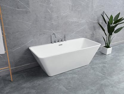 TAISOR Freestanding Bathtub 150 cm – White Glossy Acrylic Soaking Tub with Overflow Drain, Brass Pop-Up Waste & Waste Pipe, 6-Layer Reinforced Standalone Bath Tub