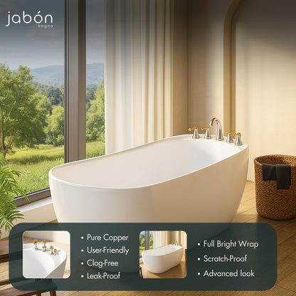 TAISOR Freestanding Bathtub 150 cm – White Glossy Acrylic Soaking Tub with Overflow Drain, Brass Pop-Up Waste & Waste Pipe, 6-Layer Reinforced Standalone Bath Tub