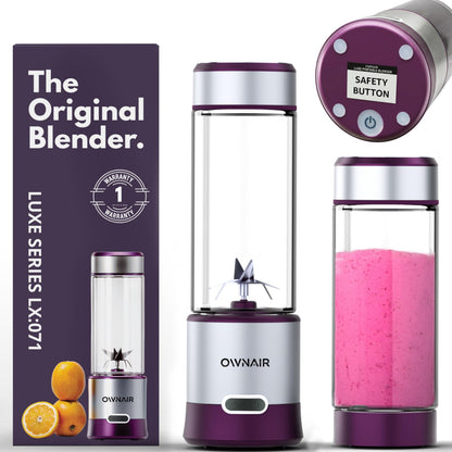 OWNAIR Portable Blender | Smoothie & Juice Maker | 180W Blender Mixer Grinder | 5000mAh Rechargeable Portable Juicer | 450ml High Borosilicate Glass Jar | Baby Food & Smoothie Maker | Grey & Purple