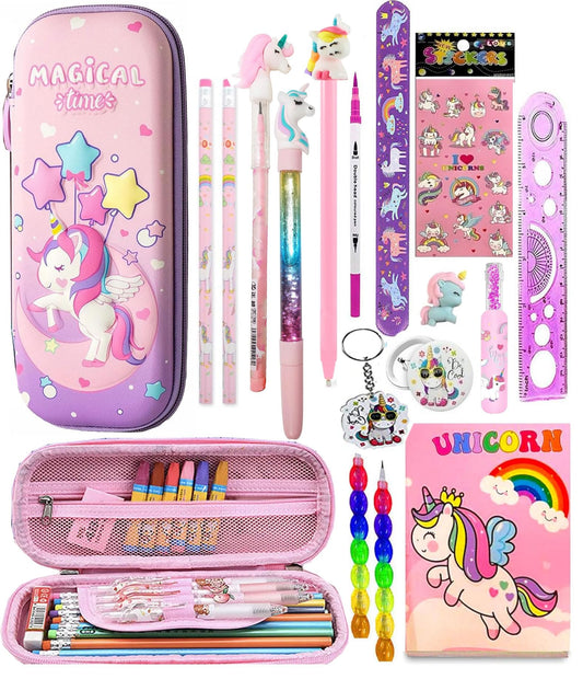 17 Pcs Unicorn Stationery Gift Set for Kids 3D Large Capacity Pencil Case Pencil Pouch with Diary & All Stationeries Party Favor Return Gift for kids School Supply Organizer For Students (STYLE-1)