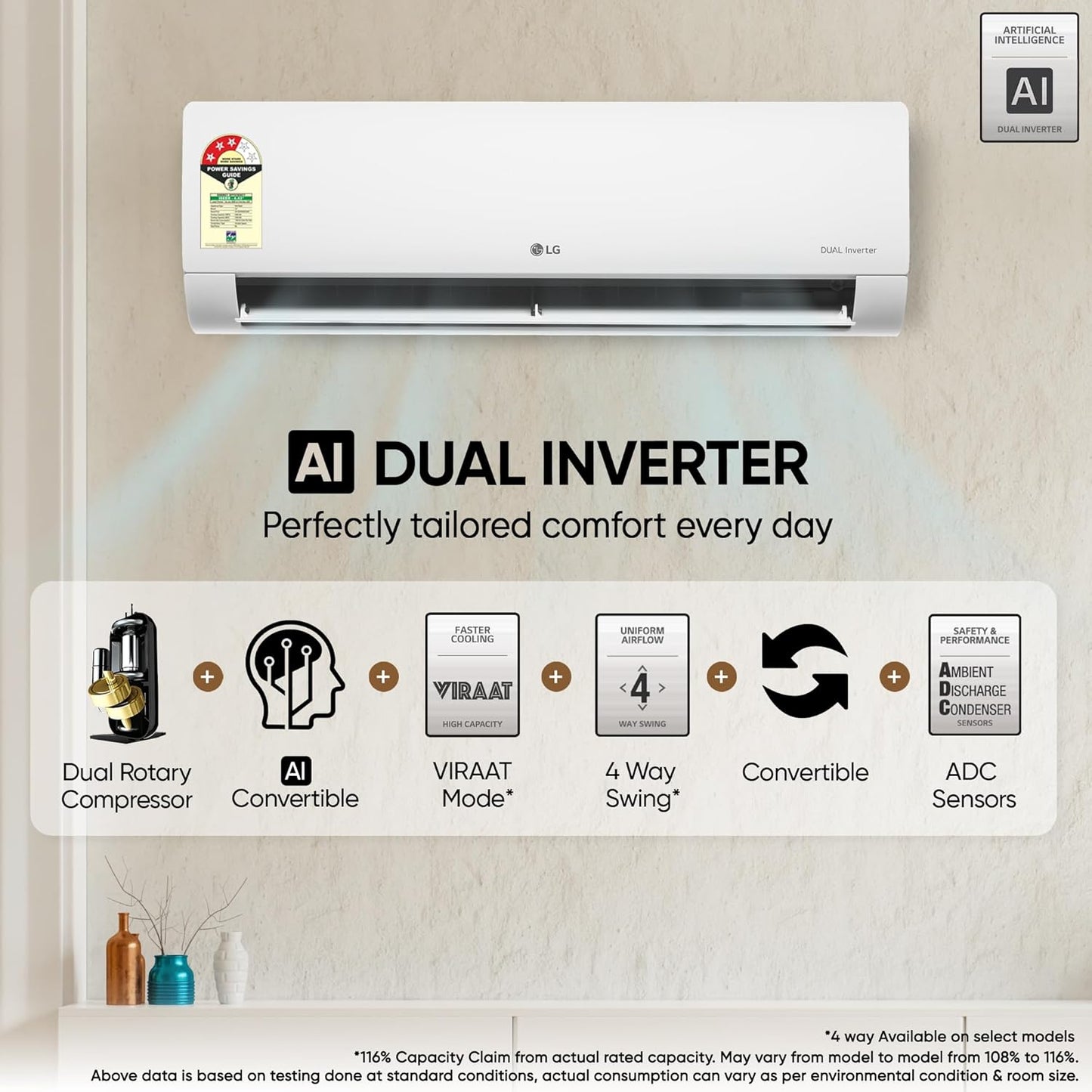 LG 1 Ton 5 Star Dual Inverter Split AC (Copper, AI Convertible 6-in-1 Cooling, Faster Cooling & Energy Saving, 4 Way Air Swing, HD Filter with Anti-Virus Protection, Viraat Mode, US-Q14ENZE, White)