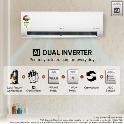 LG 1 Ton 5 Star Dual Inverter Split AC (Copper, AI Convertible 6-in-1 Cooling, Faster Cooling & Energy Saving, 4 Way Air Swing, HD Filter with Anti-Virus Protection, Viraat Mode, US-Q14ENZE, White)