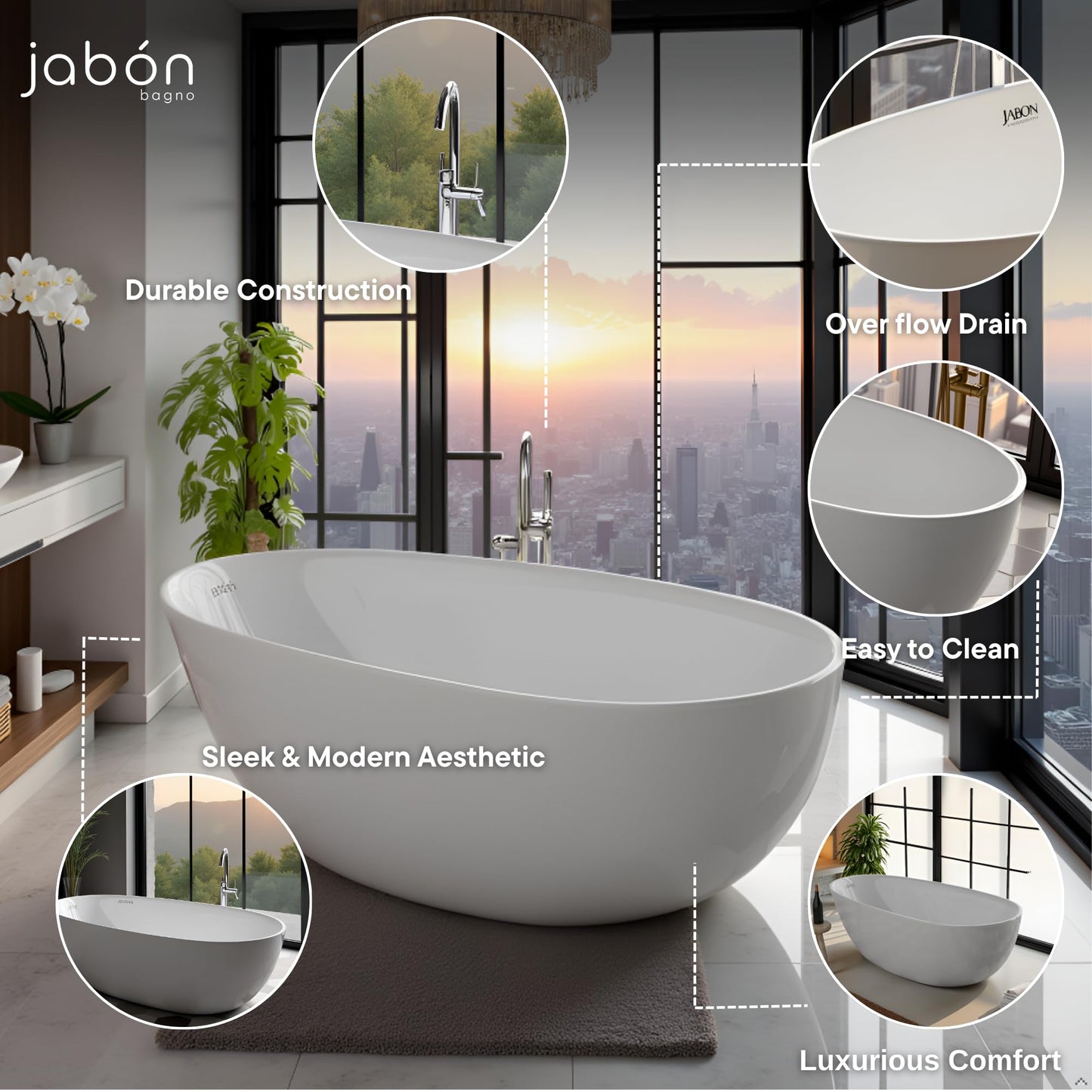 TAISOR Freestanding Bathtub 150 cm – White Glossy Acrylic Soaking Tub with Overflow Drain, Brass Pop-Up Waste & Waste Pipe, 6-Layer Reinforced Standalone Bath Tub