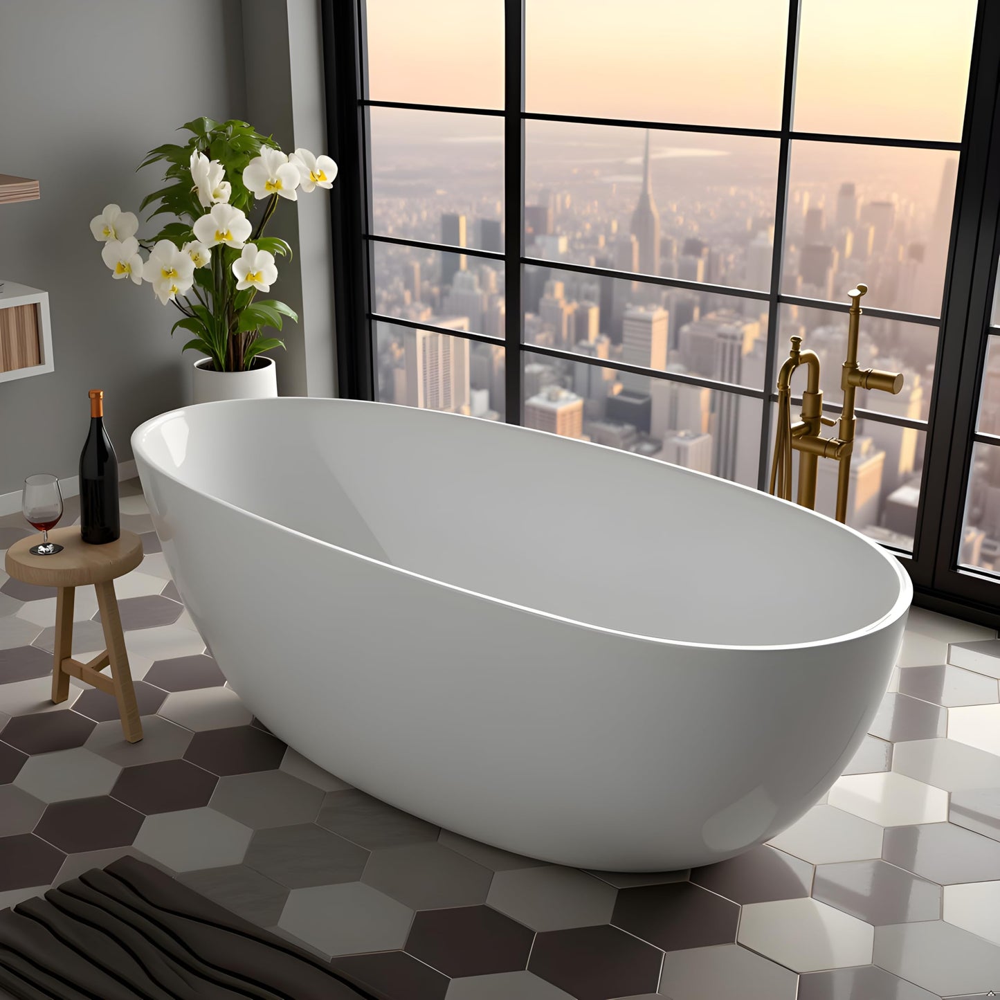 TAISOR Freestanding Bathtub 150 cm – White Glossy Acrylic Soaking Tub with Overflow Drain, Brass Pop-Up Waste & Waste Pipe, 6-Layer Reinforced Standalone Bath Tub