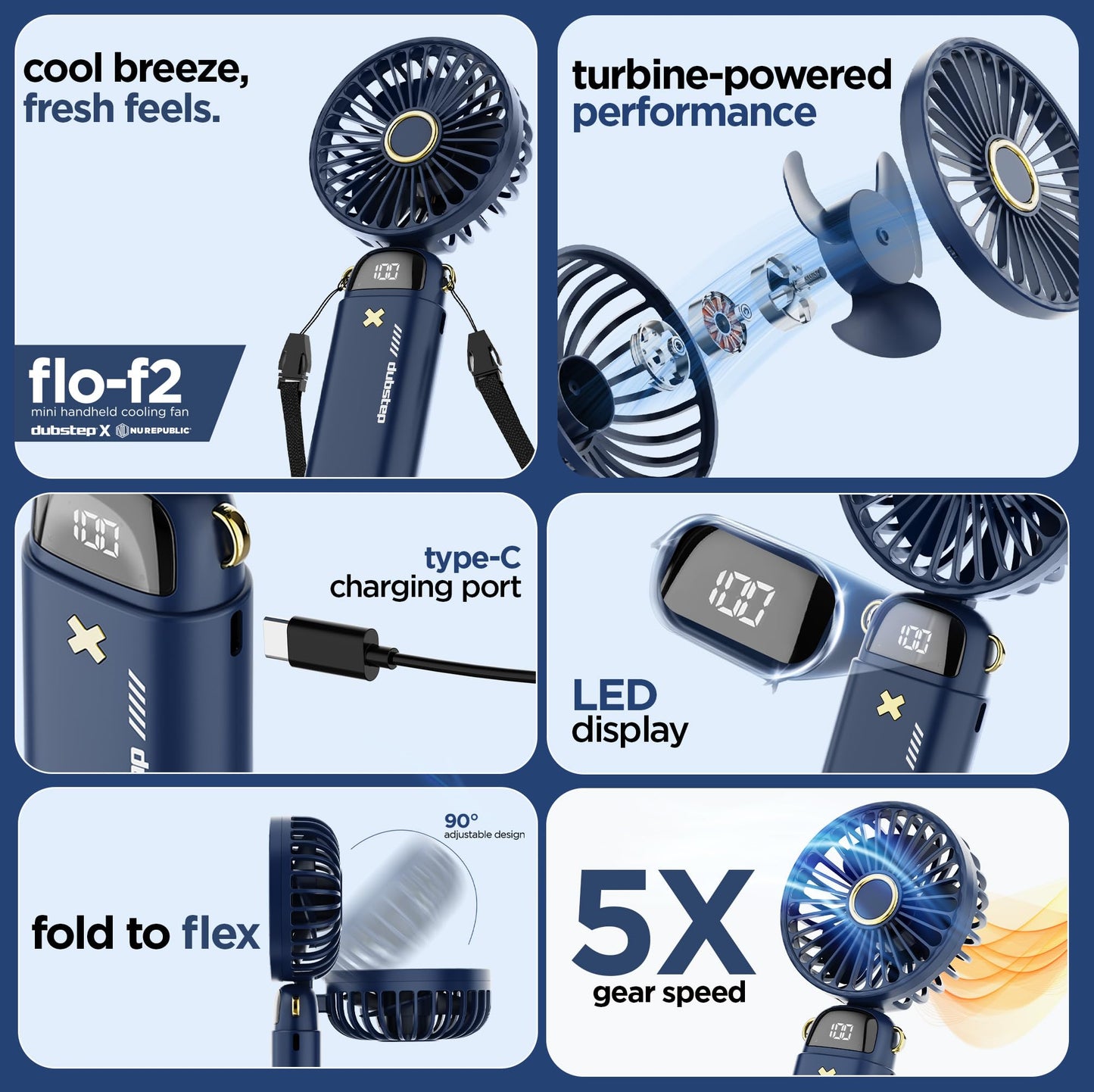 Dubstep Flo-Ice Mini Handheld USB Rechargeable Cooling Fan with Lanyard, LED Digital Display, 5x Speed Mode, 10,000 RPM, Built-in Chiller Tech, Multi-Angle Adjustment, Purple/Black