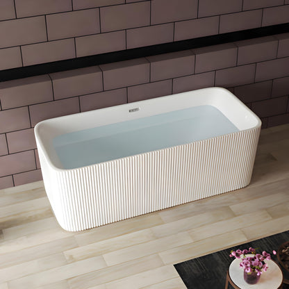 TAISOR Freestanding Bathtub 150 cm – White Glossy Acrylic Soaking Tub with Overflow Drain, Brass Pop-Up Waste & Waste Pipe, 6-Layer Reinforced Standalone Bath Tub