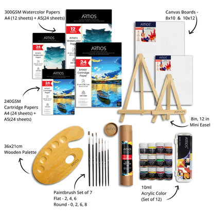 ARTIOS Painting Kit for Artists - 108 Pcs Painting Set for Adults and Kids with Professional Paint Brush Set, Acrylic Paints, Canvas Boards, Easels & Wooden Palette