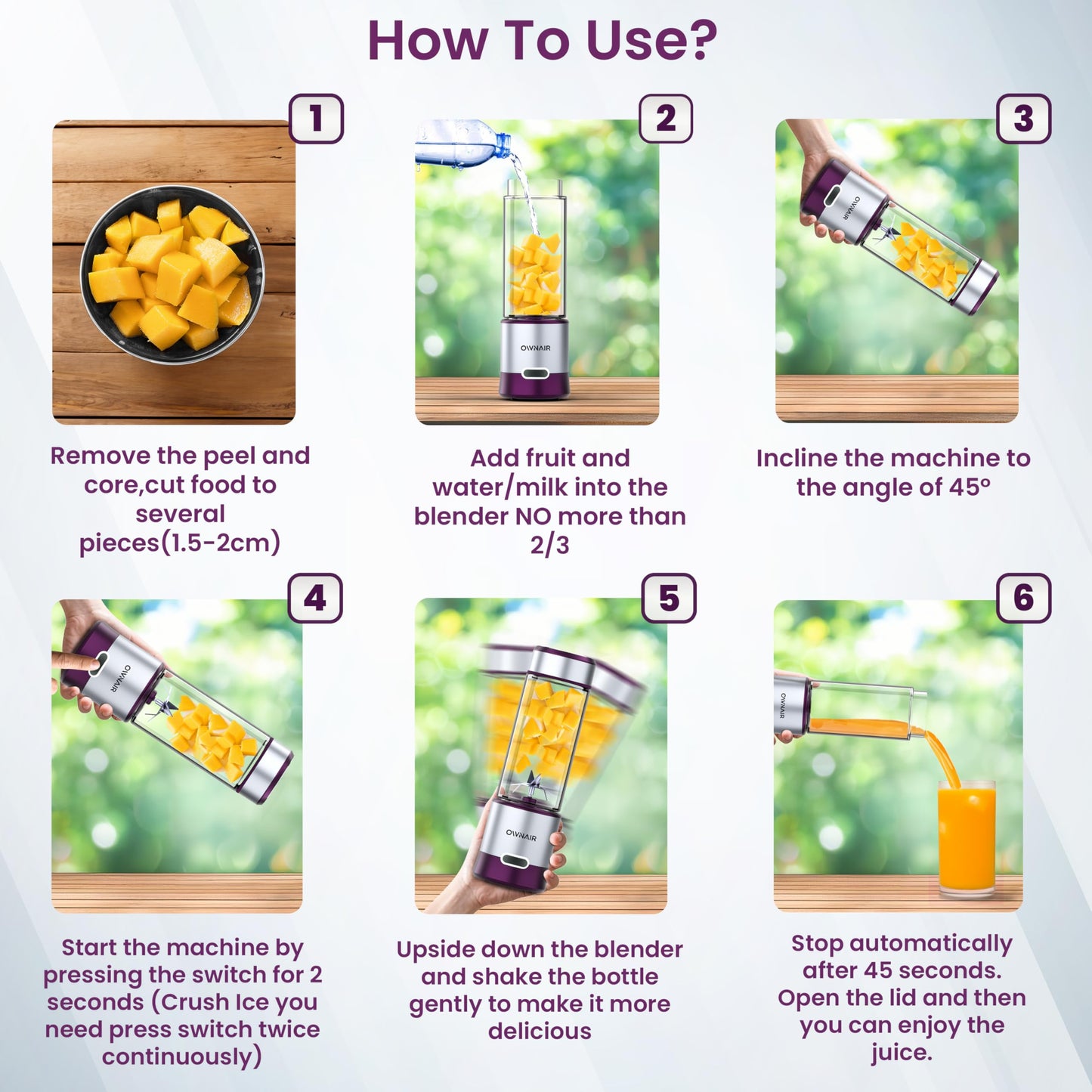OWNAIR Portable Blender | Smoothie & Juice Maker | 180W Blender Mixer Grinder | 5000mAh Rechargeable Portable Juicer | 450ml High Borosilicate Glass Jar | Baby Food & Smoothie Maker | Grey & Purple