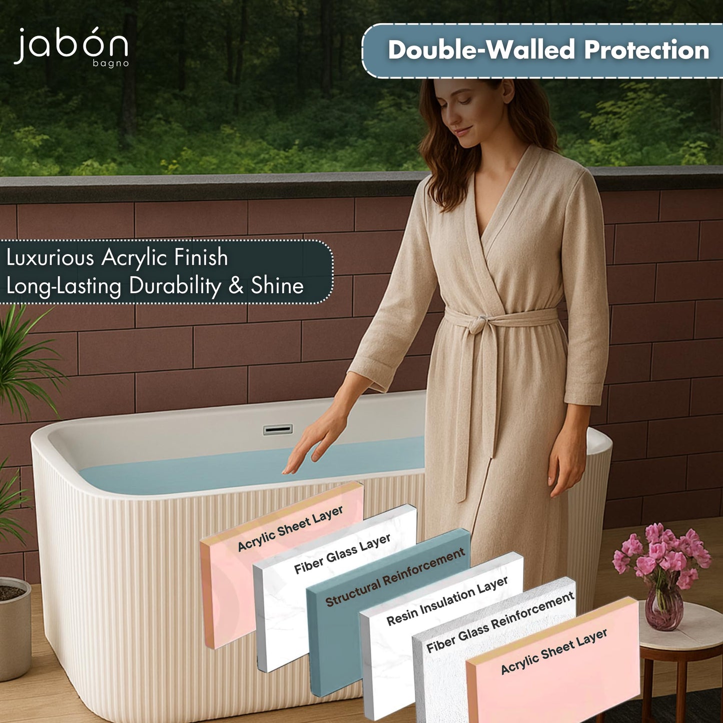 TAISOR Freestanding Bathtub 150 cm – White Glossy Acrylic Soaking Tub with Overflow Drain, Brass Pop-Up Waste & Waste Pipe, 6-Layer Reinforced Standalone Bath Tub