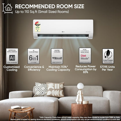 LG 1 Ton 5 Star Dual Inverter Split AC (Copper, AI Convertible 6-in-1 Cooling, Faster Cooling & Energy Saving, 4 Way Air Swing, HD Filter with Anti-Virus Protection, Viraat Mode, US-Q14ENZE, White)
