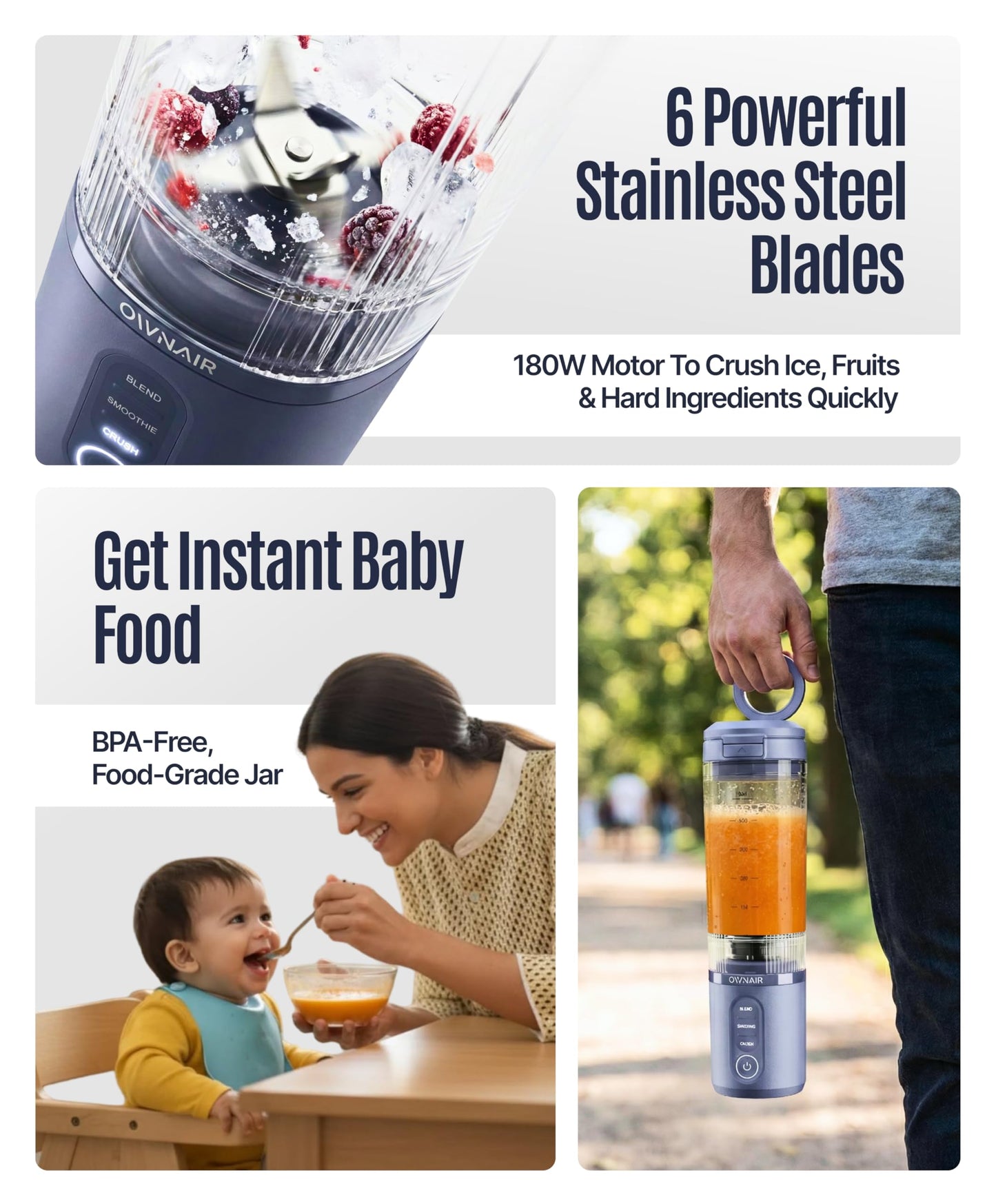OWNAIR Portable Blender | Smoothie & Juice Maker | 180W Blender Mixer Grinder | 5000mAh Rechargeable Portable Juicer | 450ml High Borosilicate Glass Jar | Baby Food & Smoothie Maker | Grey & Purple