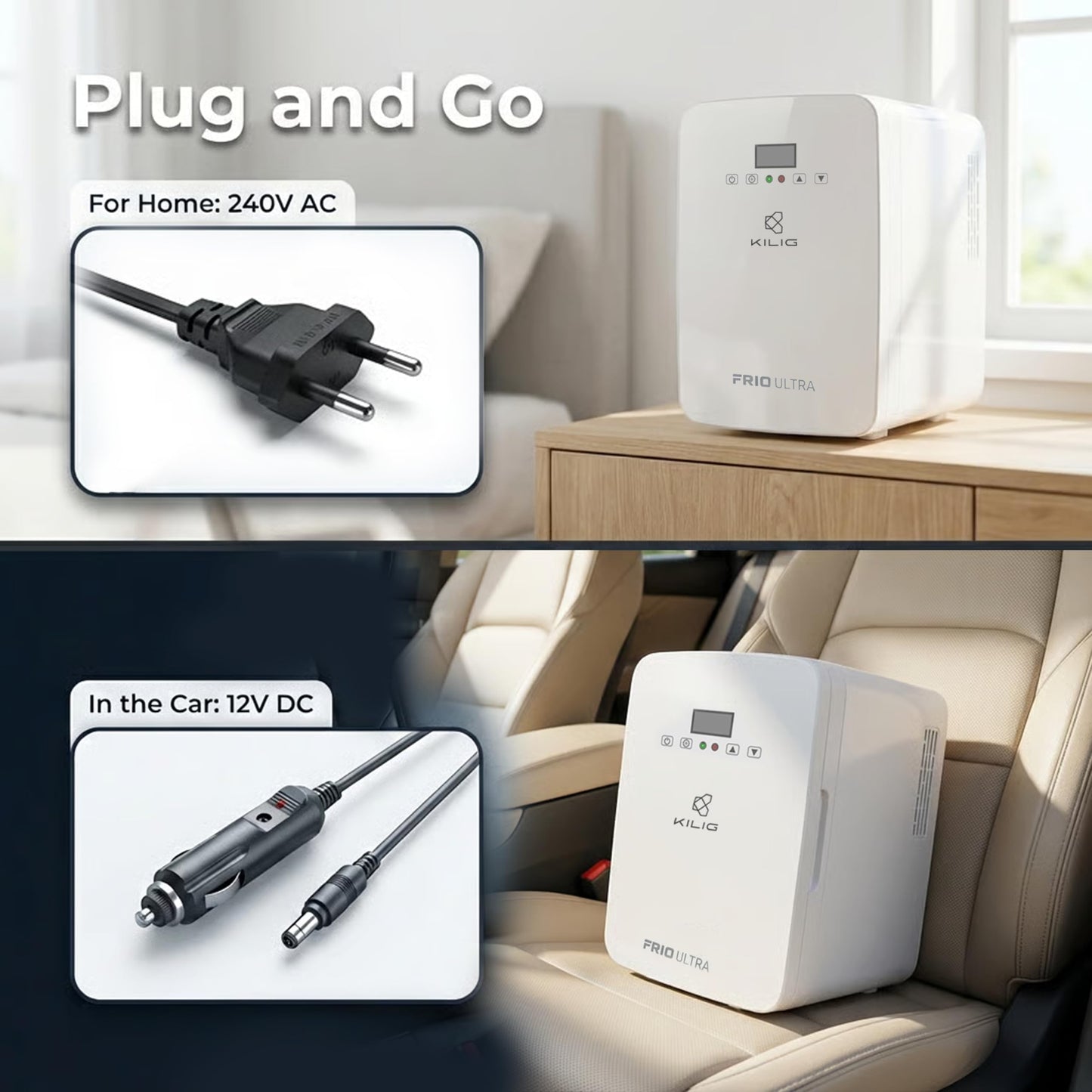 KILIG Frio Mini Fridge | Portable Cooler & Warmer | 240V AC & 12V DC Power for Home & Car | Smart Temperature Control | Perfect for Food & Beverages, Travel, Skincare, Medicine | White (Frio)