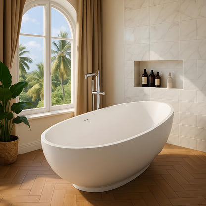 TAISOR Freestanding Bathtub 150 cm – White Glossy Acrylic Soaking Tub with Overflow Drain, Brass Pop-Up Waste & Waste Pipe, 6-Layer Reinforced Standalone Bath Tub