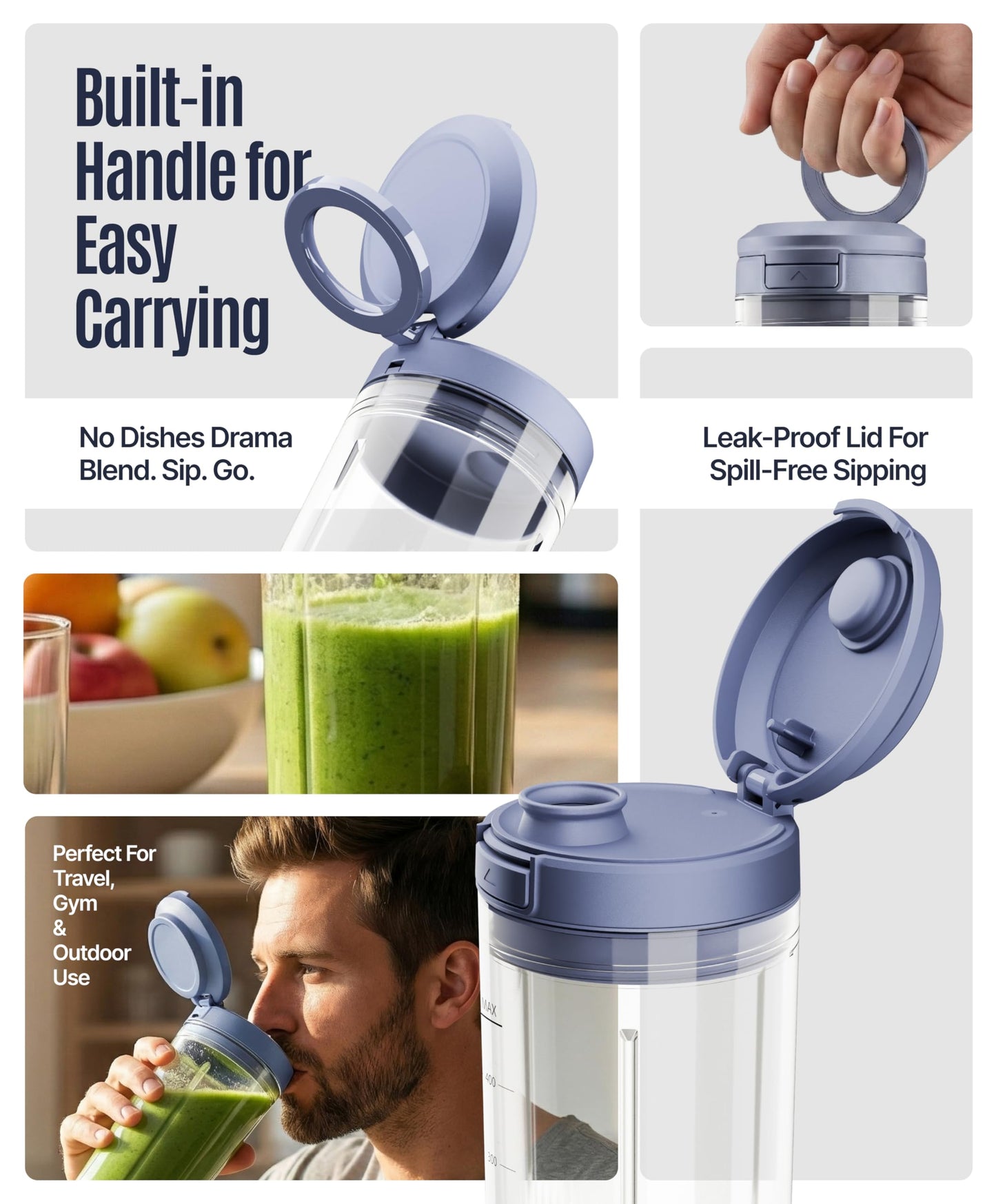 OWNAIR Portable Blender | Smoothie & Juice Maker | 180W Blender Mixer Grinder | 5000mAh Rechargeable Portable Juicer | 450ml High Borosilicate Glass Jar | Baby Food & Smoothie Maker | Grey & Purple
