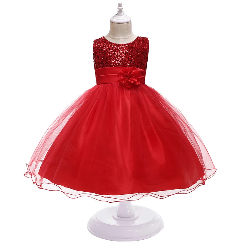 Girls Flower Sequin Princess Party Dress