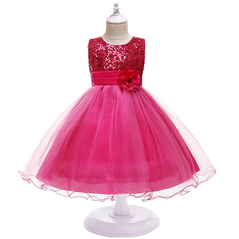 Girls Flower Sequin Princess Party Dress