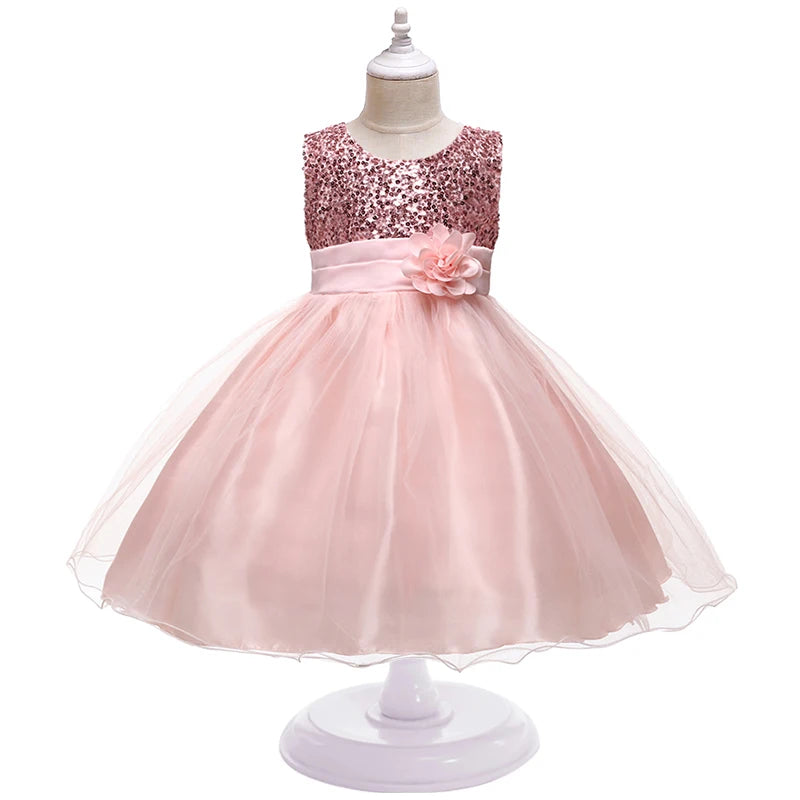 Girls Flower Sequin Princess Party Dress