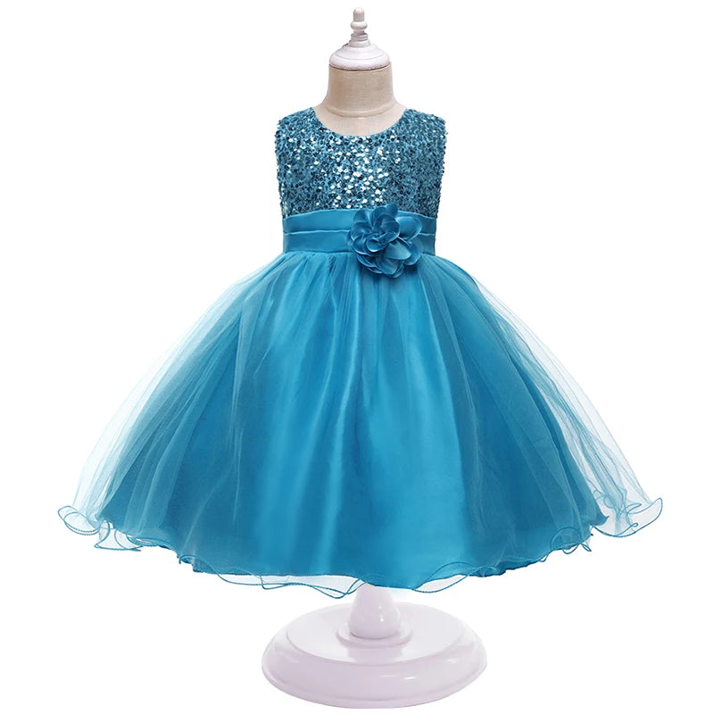 Girls Flower Sequin Princess Party Dress