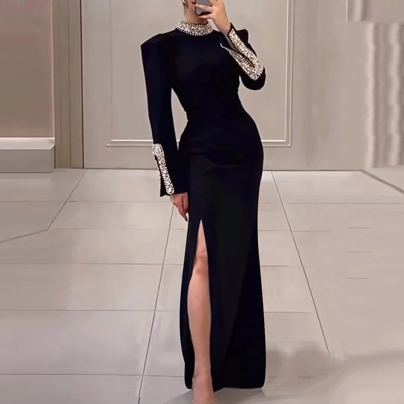 Women’s Rhinestone Patchwork Dress – Long Sleeve Elegant Banquet Outfit