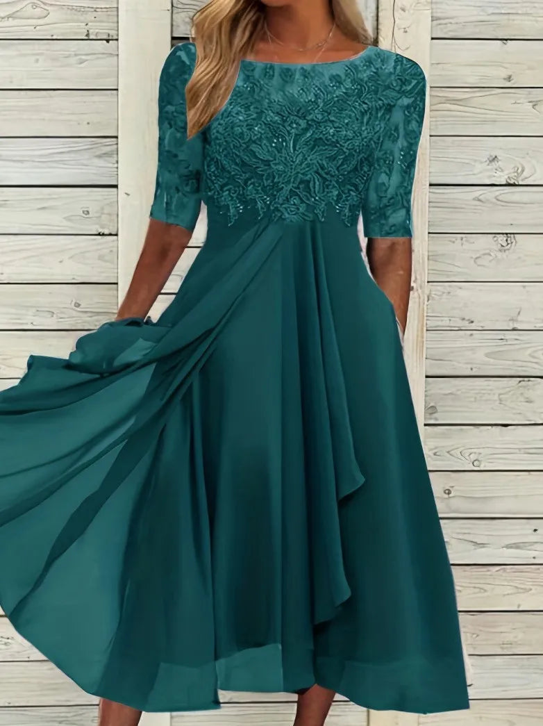 🌍 Glomexia Fashion – Elegant O-Neck Chiffon Lace Dress 👗