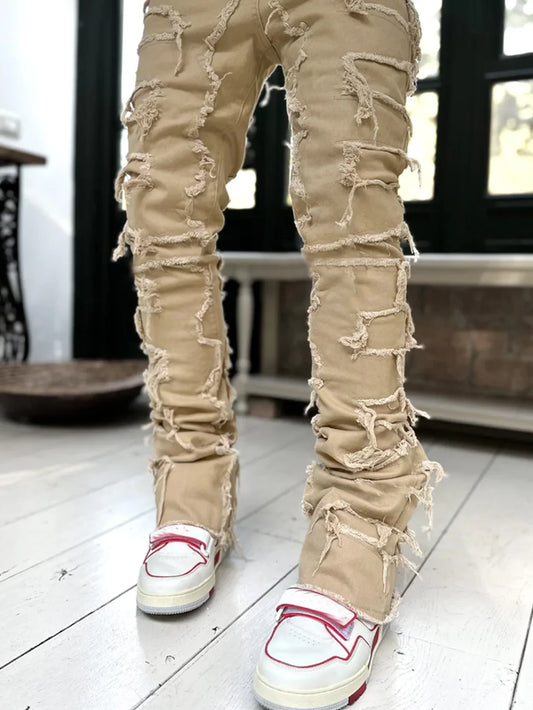 Men’s Ripped Stacked Jeans – Slim Fit Distressed Denim Pants