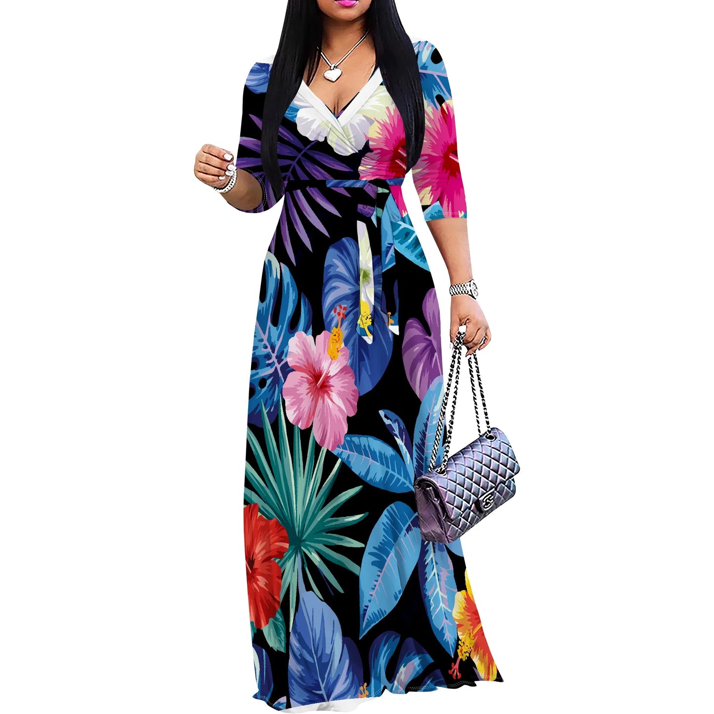 Women’s Floral Print Maxi Dress – V-Neck 3/4 Sleeve Summer Gown