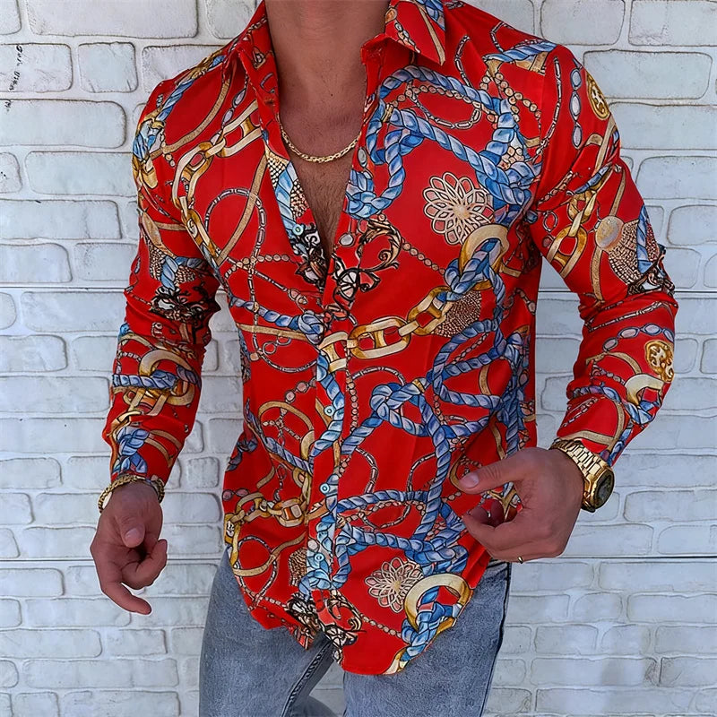 Men’s Luxury Chain Print Slim Fit Long Sleeve Shirt