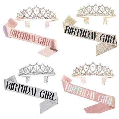 Bling Rhinestone Crystal Crown Tiara with Birthday Satin Sash