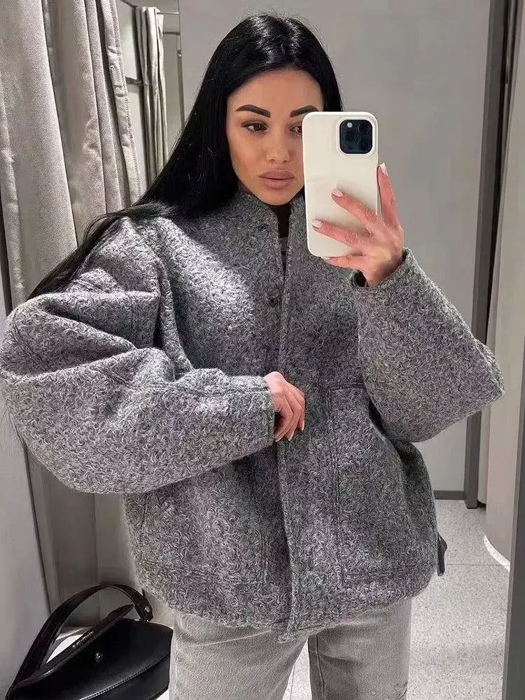 Women Oversized Bomber Jacket 🖤 | Vintage Snap Button Coat