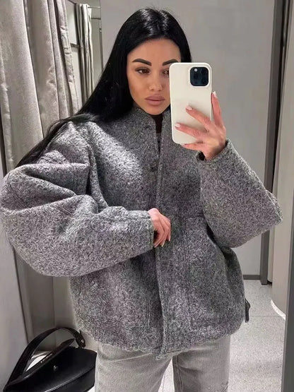Women Oversized Bomber Jacket 🖤 | Vintage Snap Button Coat