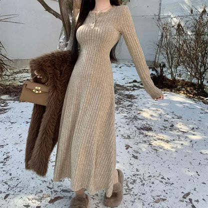 Women High-Waist Knit Long Dress 👗 | Warm Elegant Winter Wear