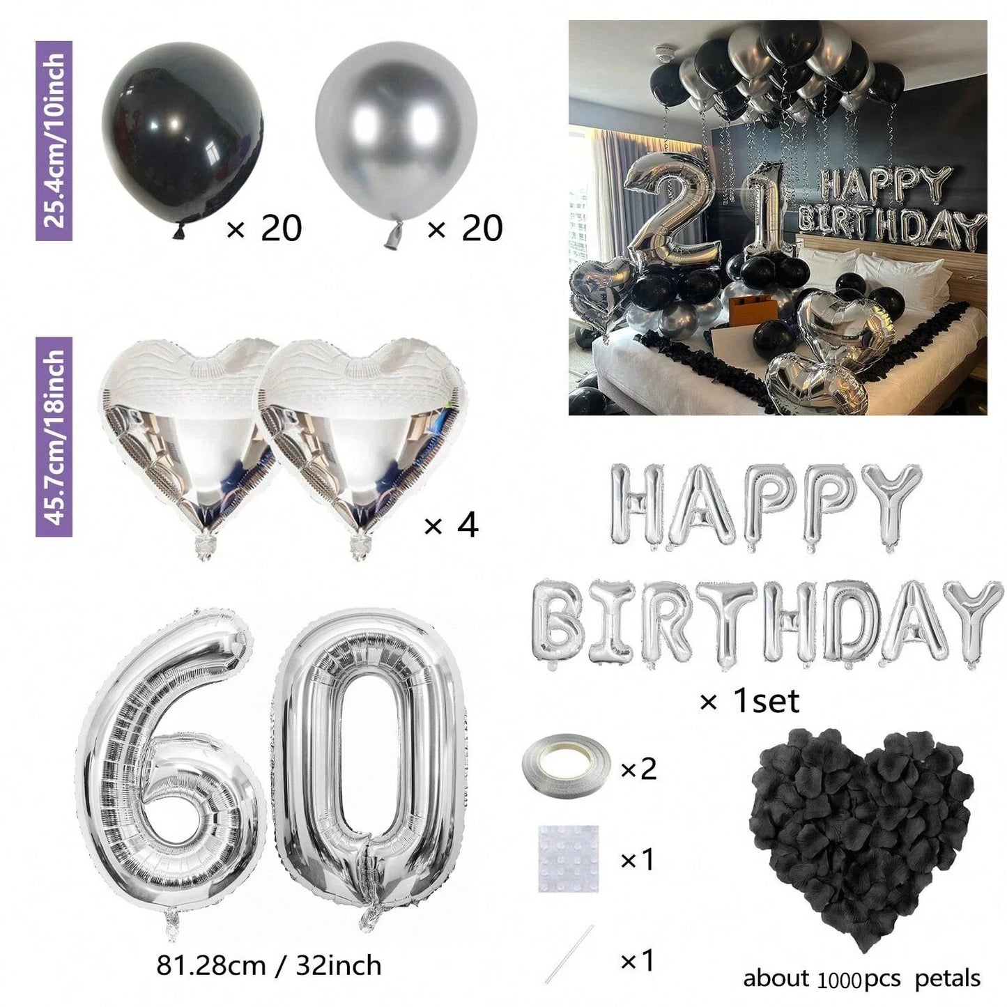 Black & Silver Birthday Balloon Decoration Set – 1050pcs Party Kit
