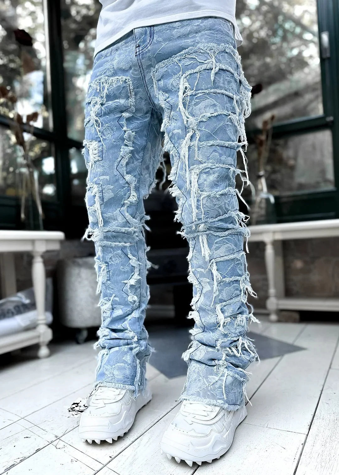 Men’s Ripped Stacked Jeans – Slim Fit Distressed Denim Pants
