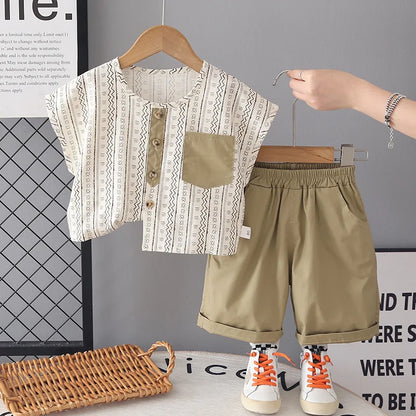 Kids Summer Wave Stripe Outfit Set – T-Shirt & Shorts (2-Piece Boys Wear)