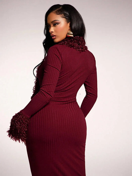 🍷 Burgundy Faux Fur Mermaid Maxi Dress – Elegant Evening Party Wear