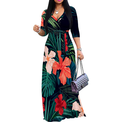 Women’s Floral Print Maxi Dress – V-Neck 3/4 Sleeve Summer Gown