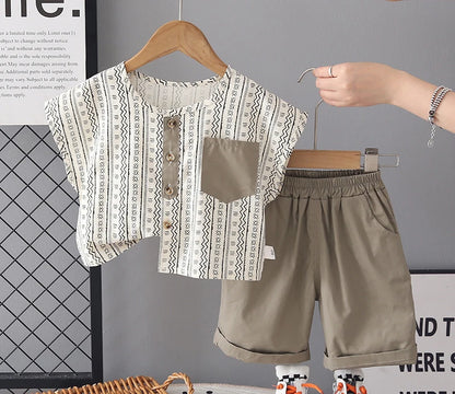 Kids Summer Wave Stripe Outfit Set – T-Shirt & Shorts (2-Piece Boys Wear)