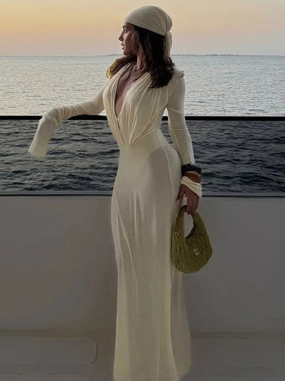 Women’s Deep V-Neck Bodycon Maxi Dress – Long Sleeve Party Outfit