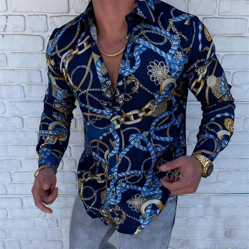 Men’s Luxury Chain Print Slim Fit Long Sleeve Shirt