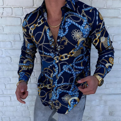 Men’s Luxury Chain Print Slim Fit Long Sleeve Shirt
