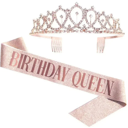 Bling Rhinestone Crystal Crown Tiara with Birthday Satin Sash