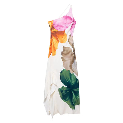 Women’s One Shoulder Maxi Dress – Ruffle Print Beach Gown