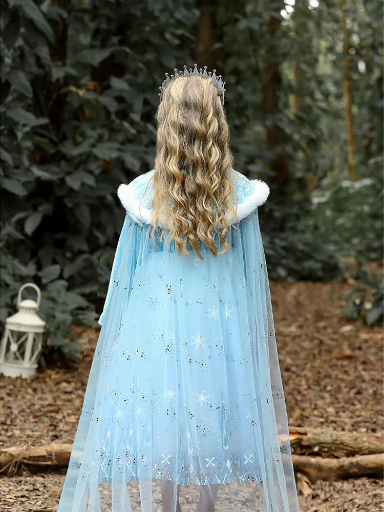 Girls Blue Velvet Princess Dress with Cape